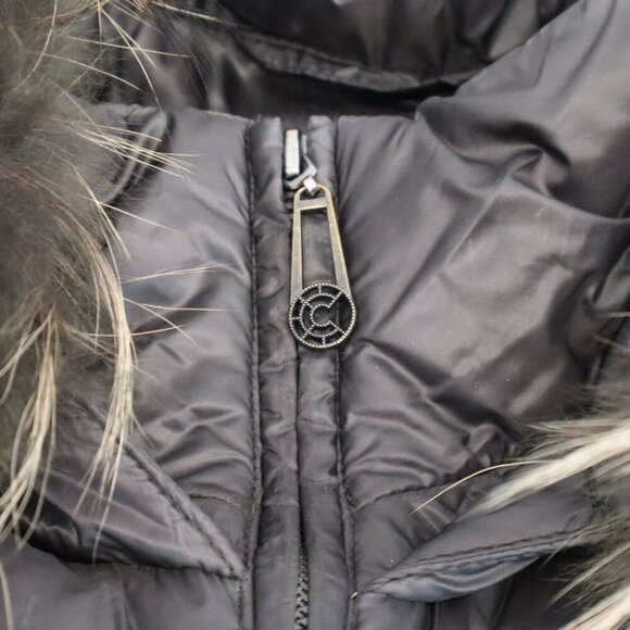 Creenstone Womens Puffer Coat Black Lined Hooded Raccoon Trim Hood Size 38/6 - Picture 9 of 16